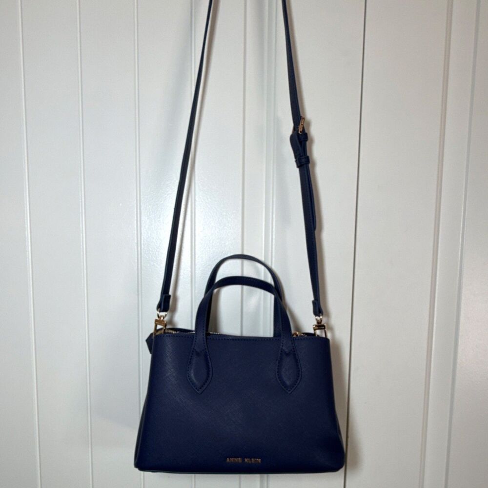 Anne Klein Navy Blue Satchel Gold Hardware Detachable Adjustable Strap Pockets - Picture 12 of 13